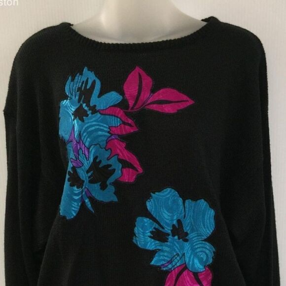 TanJay 80’s Vintage Floral Appliqué L/S Crew Neck Pullover Sweater Women’s Large - Picture 5 of 6